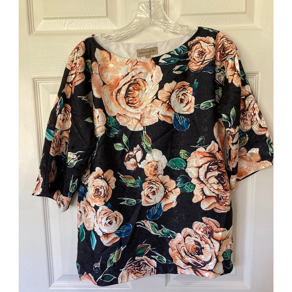 Silk Blend Floral Blouse Black Peach Jacquard Medium Feminine Luxury Romantic